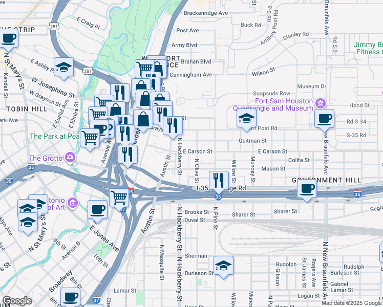 map of restaurants, bars, coffee shops, grocery stores, and more near 1813 North Olive Street in San Antonio