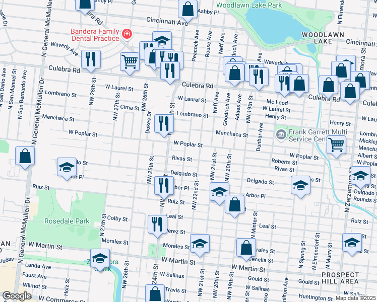 map of restaurants, bars, coffee shops, grocery stores, and more near 3026 West Poplar Street in San Antonio