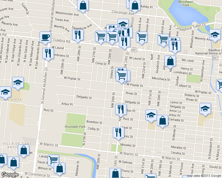 map of restaurants, bars, coffee shops, grocery stores, and more near 3304 West Poplar Street in San Antonio