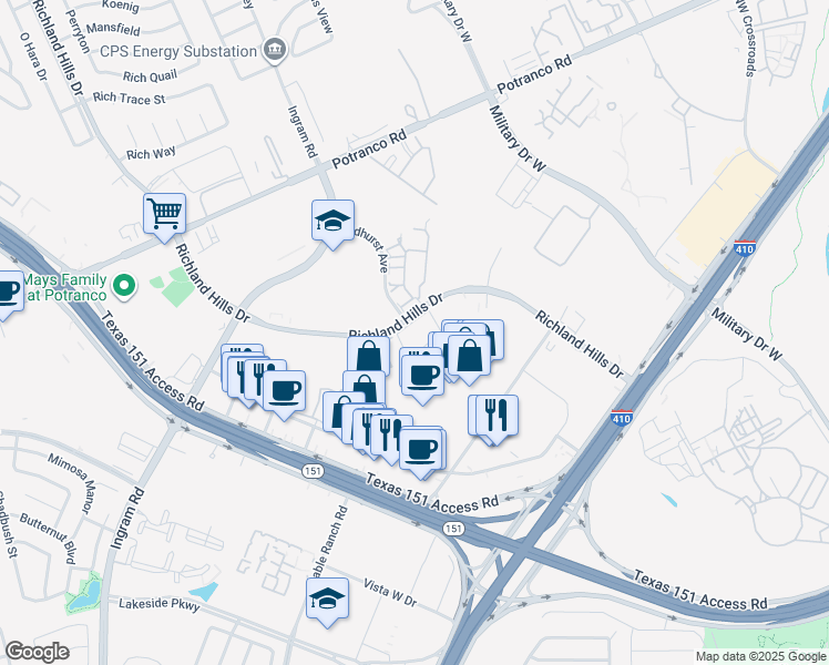 map of restaurants, bars, coffee shops, grocery stores, and more near 438 Richland Hills Drive in San Antonio