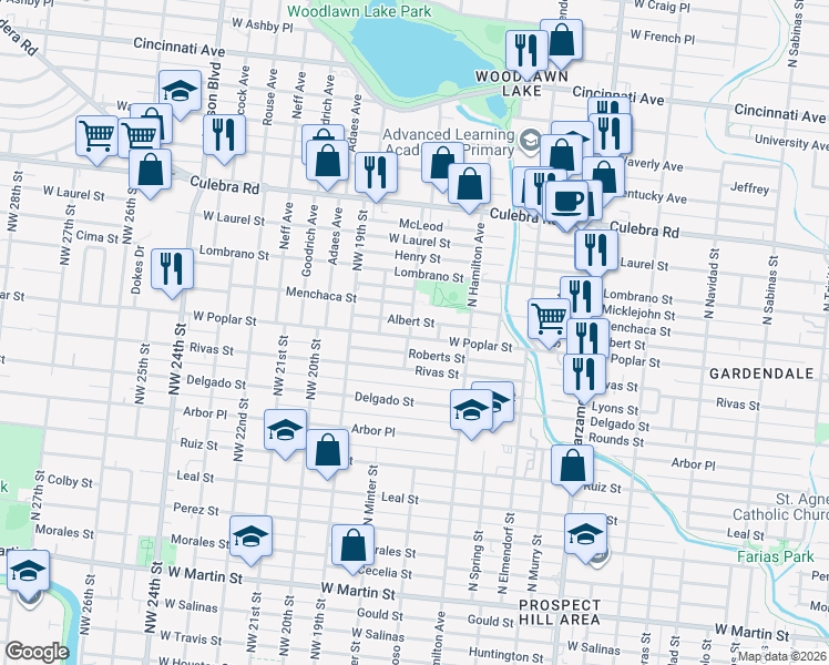 map of restaurants, bars, coffee shops, grocery stores, and more near 618 Albert Street in San Antonio
