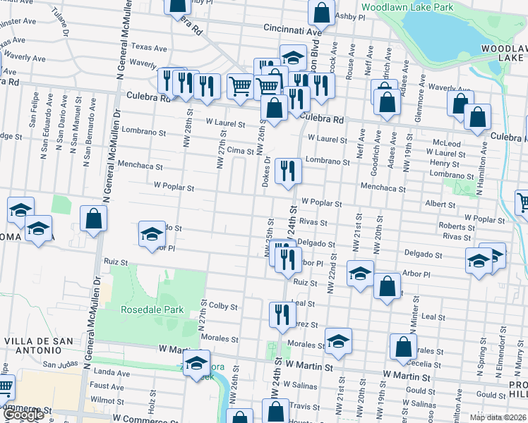 map of restaurants, bars, coffee shops, grocery stores, and more near 3304 West Poplar Street in San Antonio