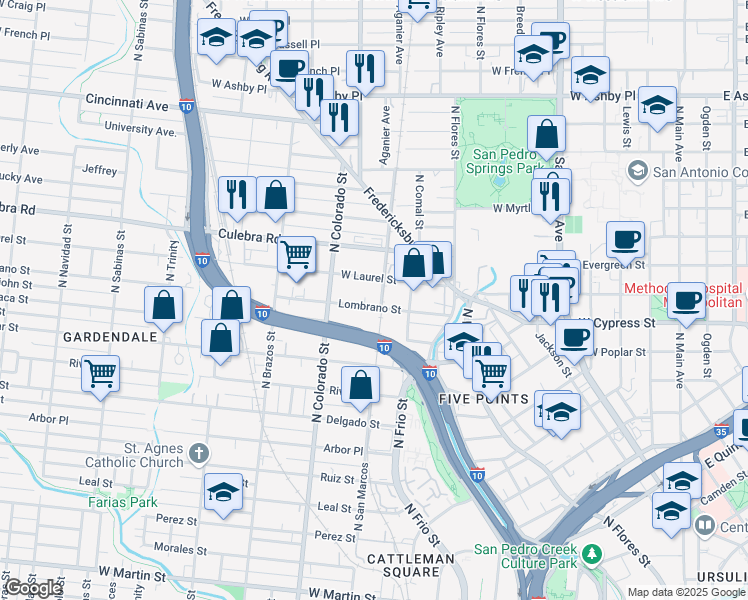 map of restaurants, bars, coffee shops, grocery stores, and more near 1146 West Laurel in San Antonio