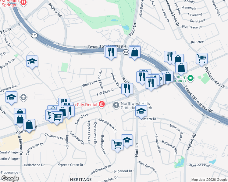 map of restaurants, bars, coffee shops, grocery stores, and more near 9407 Fall Pass Street in San Antonio
