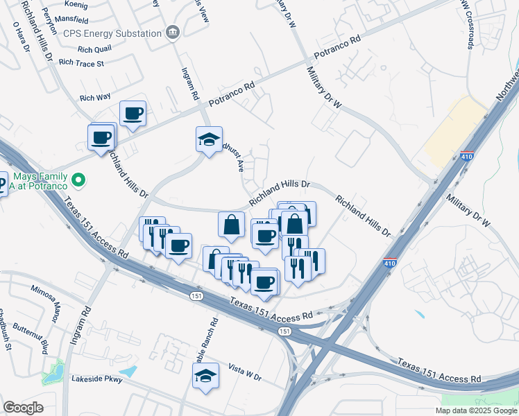 map of restaurants, bars, coffee shops, grocery stores, and more near 438 Richland Hills Drive in San Antonio