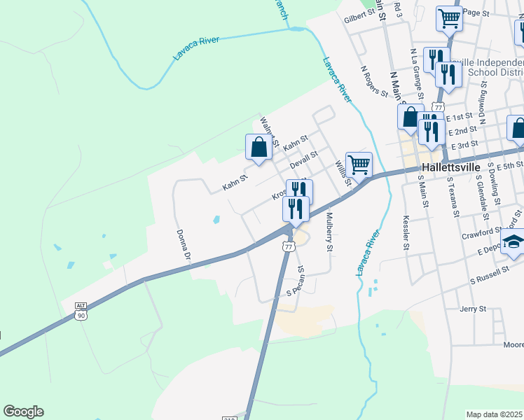 map of restaurants, bars, coffee shops, grocery stores, and more near 511 Devall Street in Hallettsville
