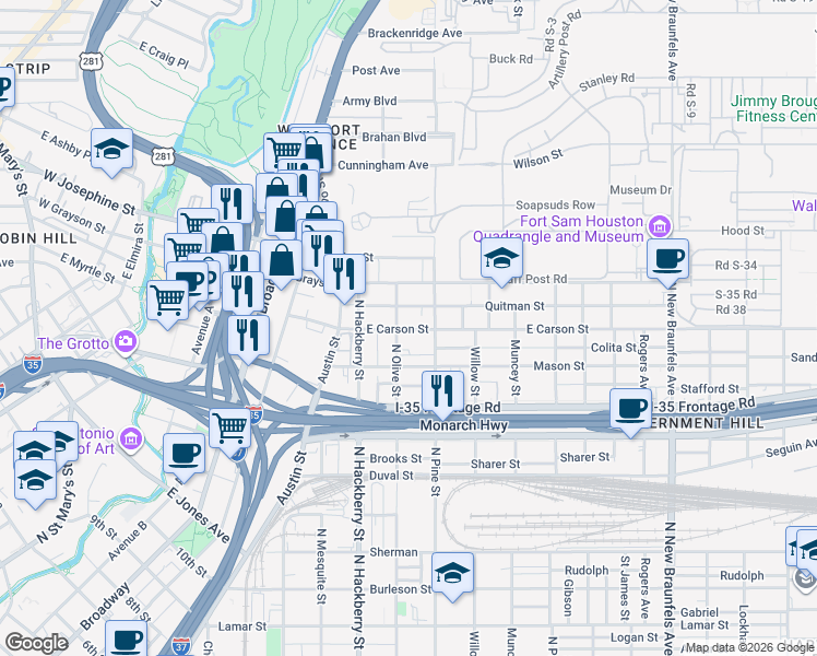 map of restaurants, bars, coffee shops, grocery stores, and more near 1813 North Olive Street in San Antonio