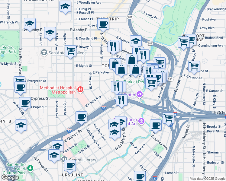 map of restaurants, bars, coffee shops, grocery stores, and more near in San Antonio