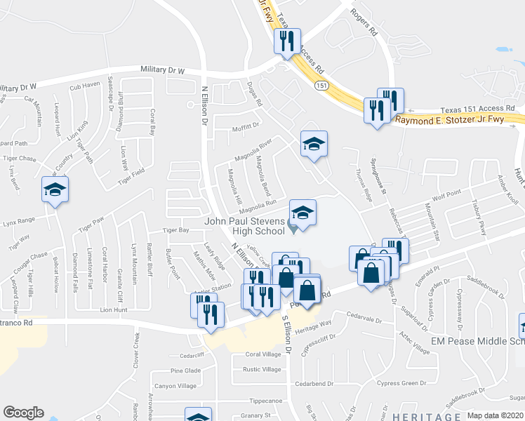 map of restaurants, bars, coffee shops, grocery stores, and more near 803 Magnolia Bend in San Antonio