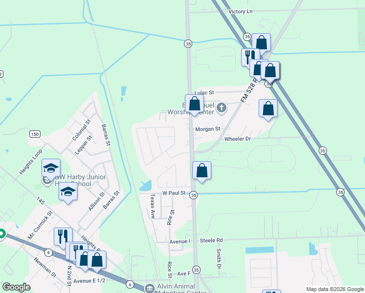 map of restaurants, bars, coffee shops, grocery stores, and more near 2001 South Gordon Street in Alvin