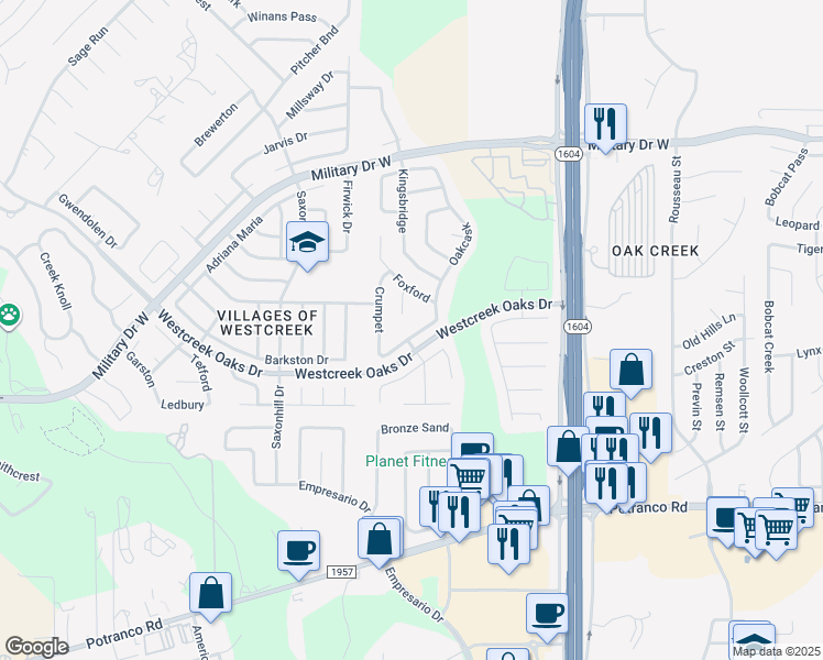 map of restaurants, bars, coffee shops, grocery stores, and more near 1302 Whitegate in San Antonio