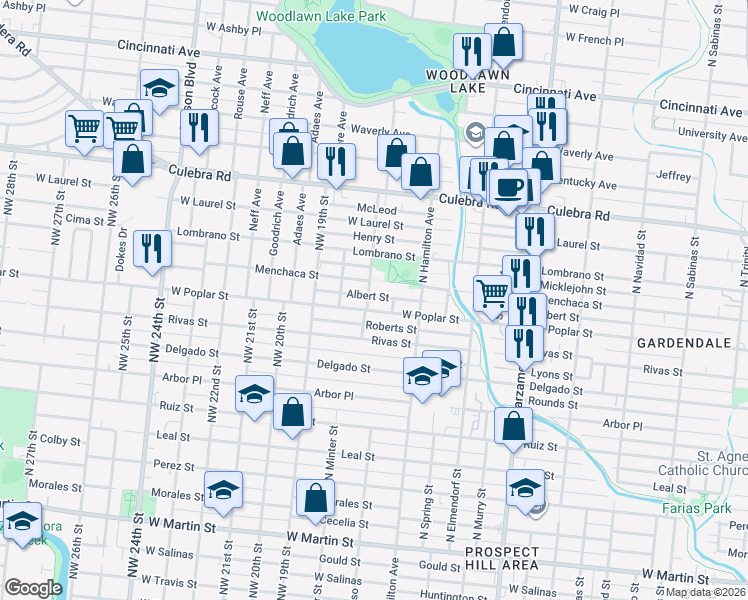 map of restaurants, bars, coffee shops, grocery stores, and more near 618 Albert Street in San Antonio