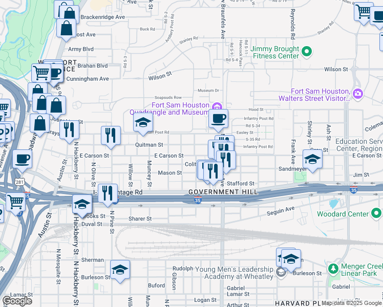 map of restaurants, bars, coffee shops, grocery stores, and more near 825 East Carson in San Antonio