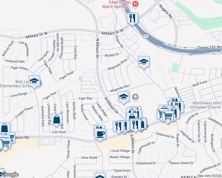 map of restaurants, bars, coffee shops, grocery stores, and more near 911 Magnolia Hill in San Antonio
