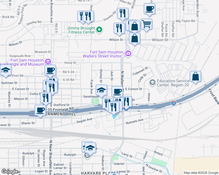 map of restaurants, bars, coffee shops, grocery stores, and more near 1711 East Carson in San Antonio