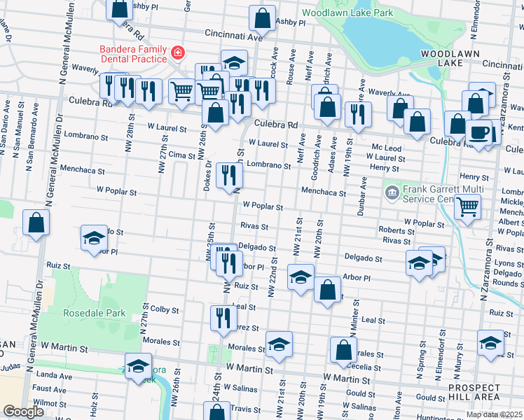 map of restaurants, bars, coffee shops, grocery stores, and more near 3026 West Poplar Street in San Antonio