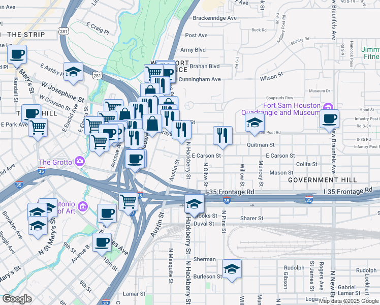 map of restaurants, bars, coffee shops, grocery stores, and more near 1811 North Hackberry in San Antonio