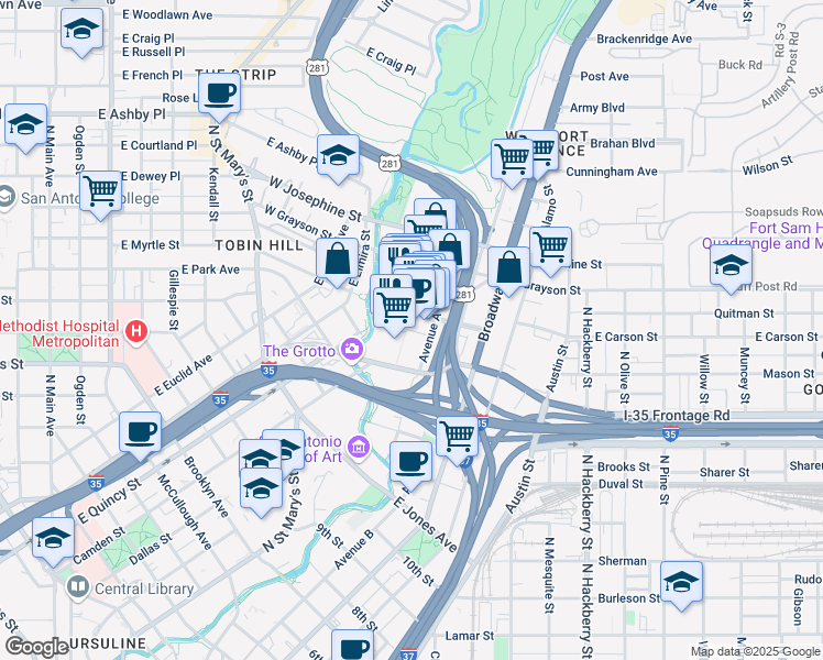 map of restaurants, bars, coffee shops, grocery stores, and more near in San Antonio
