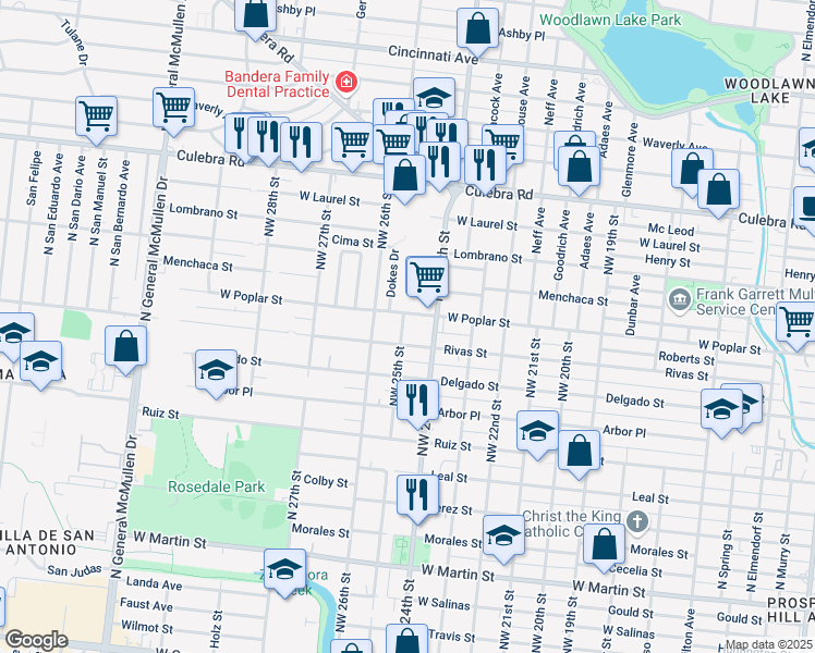 map of restaurants, bars, coffee shops, grocery stores, and more near 3304 West Poplar Street in San Antonio