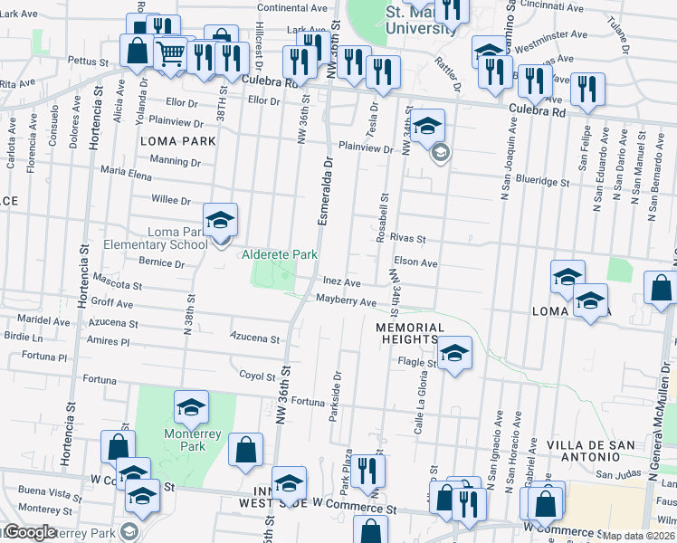 map of restaurants, bars, coffee shops, grocery stores, and more near 122 Tesla Drive in San Antonio