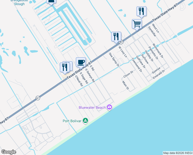 map of restaurants, bars, coffee shops, grocery stores, and more near 951 East Road in Galveston