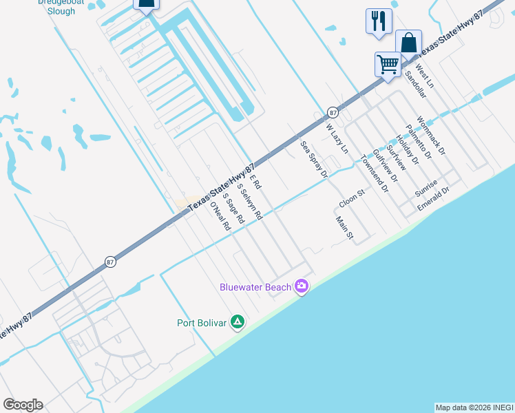 map of restaurants, bars, coffee shops, grocery stores, and more near 975 South Selwyn Road in Bolivar Peninsula