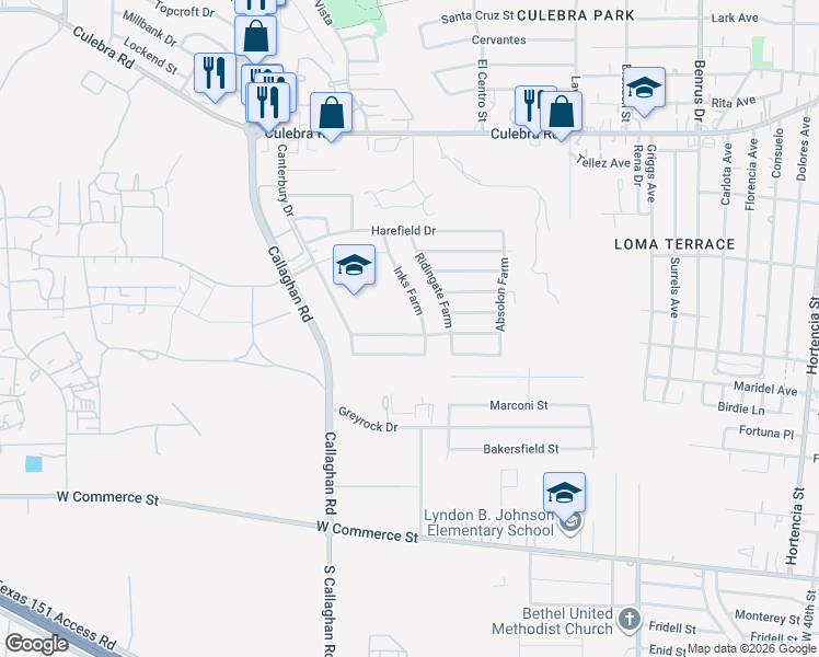 map of restaurants, bars, coffee shops, grocery stores, and more near 5511 Kensington Run in San Antonio