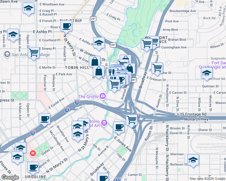 map of restaurants, bars, coffee shops, grocery stores, and more near 312 Pearl Parkway in San Antonio