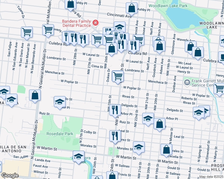 map of restaurants, bars, coffee shops, grocery stores, and more near 3304 West Poplar Street in San Antonio