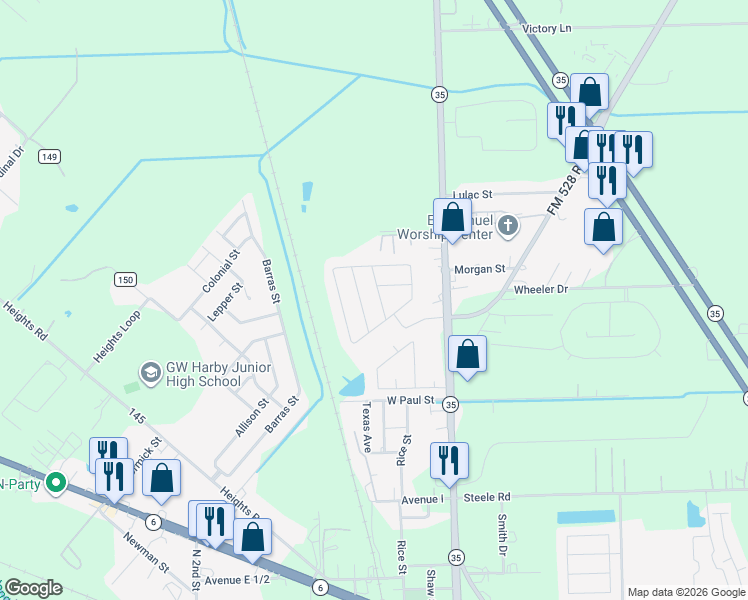 map of restaurants, bars, coffee shops, grocery stores, and more near 1865 Belle Place in Alvin