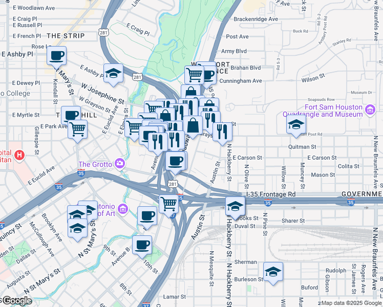 map of restaurants, bars, coffee shops, grocery stores, and more near 1705 North Alamo Street in San Antonio
