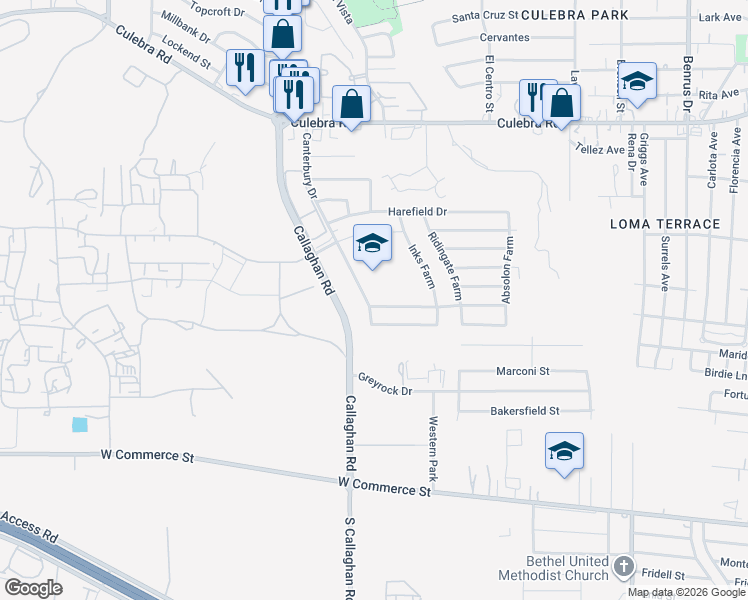 map of restaurants, bars, coffee shops, grocery stores, and more near 5563 Kensington Run in San Antonio