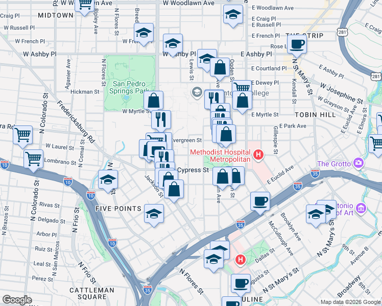 map of restaurants, bars, coffee shops, grocery stores, and more near 601 Howard Street in San Antonio