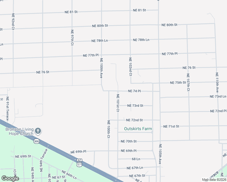 map of restaurants, bars, coffee shops, grocery stores, and more near 10031 Northeast 74 Place in Bronson