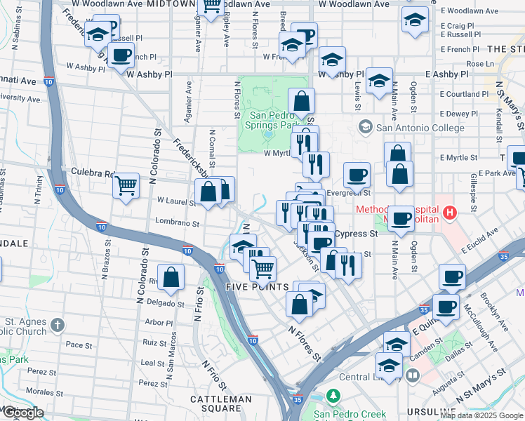 map of restaurants, bars, coffee shops, grocery stores, and more near 711 West Laurel in San Antonio