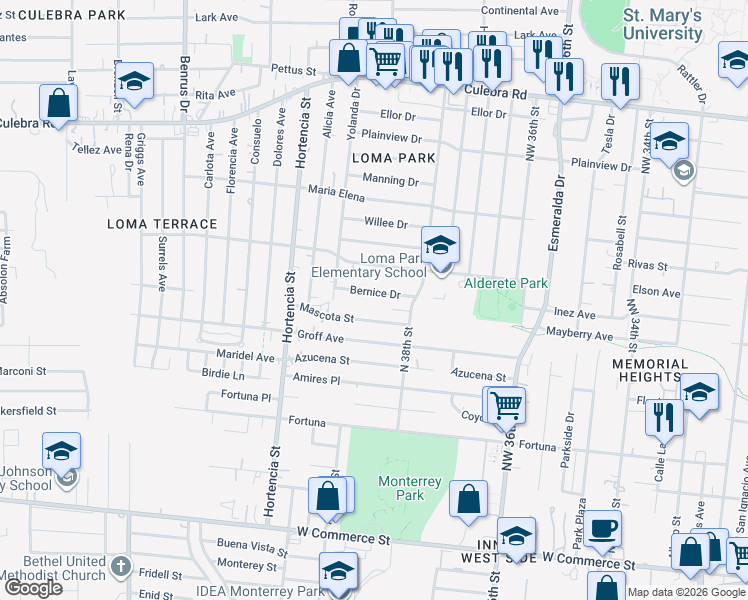 map of restaurants, bars, coffee shops, grocery stores, and more near 138 Bernice Drive in San Antonio