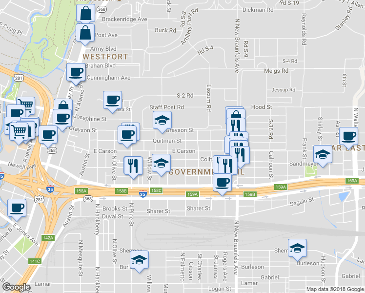 map of restaurants, bars, coffee shops, grocery stores, and more near 1807 North Palmetto in San Antonio