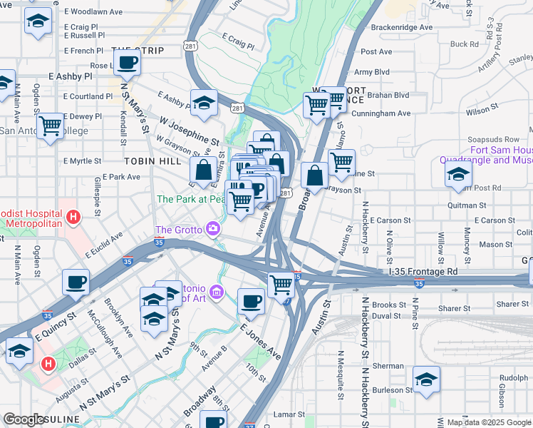 map of restaurants, bars, coffee shops, grocery stores, and more near in San Antonio