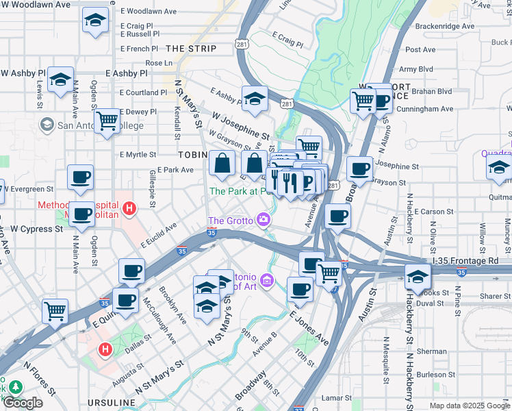 map of restaurants, bars, coffee shops, grocery stores, and more near 117 Schiller Street in San Antonio