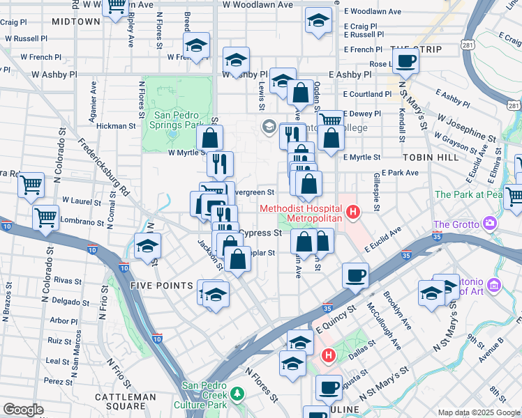 map of restaurants, bars, coffee shops, grocery stores, and more near 601 Howard Street in San Antonio