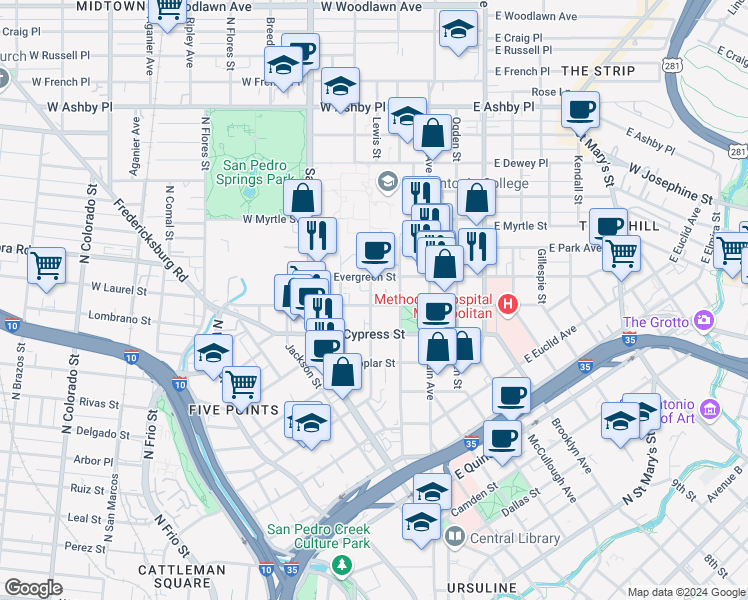 map of restaurants, bars, coffee shops, grocery stores, and more near 601 Howard Street in San Antonio
