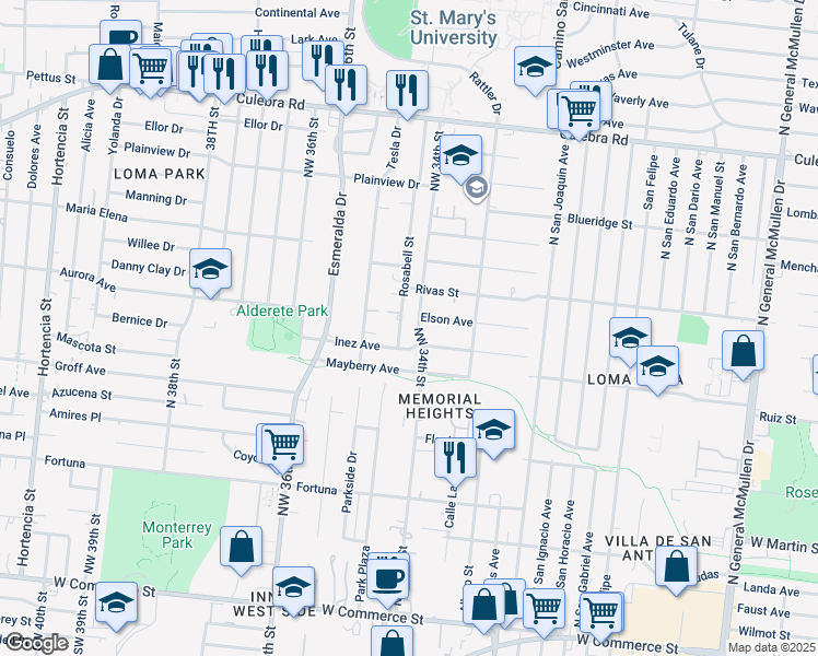 map of restaurants, bars, coffee shops, grocery stores, and more near 114 Rosabell Street in San Antonio