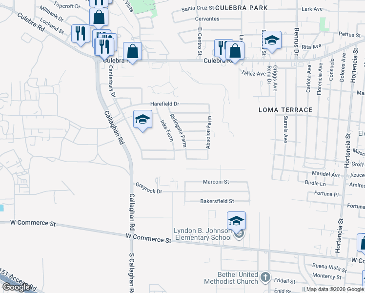 map of restaurants, bars, coffee shops, grocery stores, and more near 707 Ridingate Farm in San Antonio
