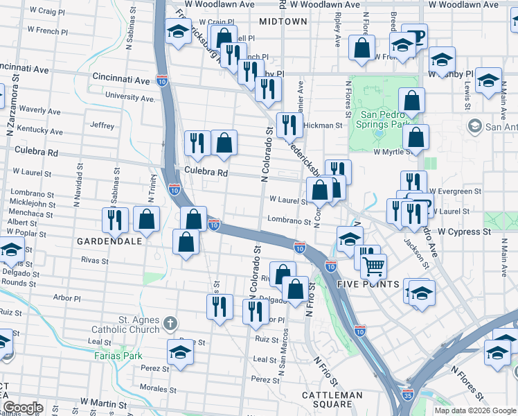 map of restaurants, bars, coffee shops, grocery stores, and more near 1509 North Colorado Street in San Antonio