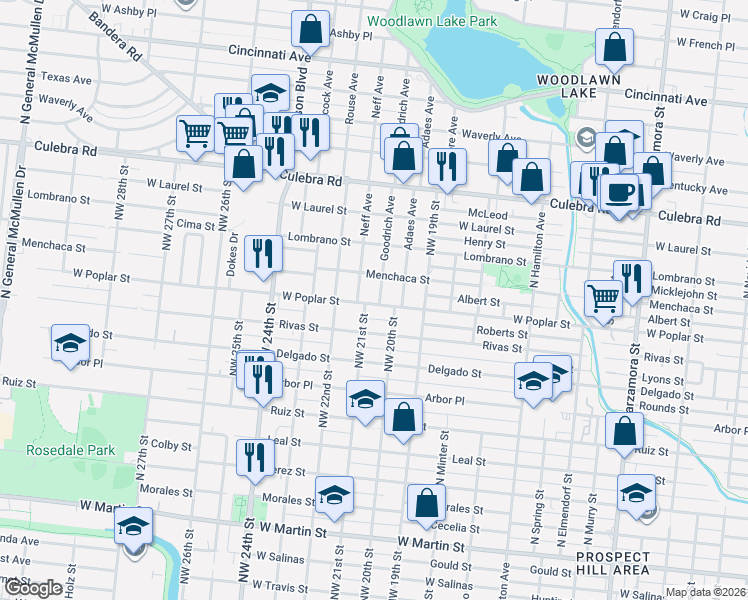 map of restaurants, bars, coffee shops, grocery stores, and more near 105 Goodrich in San Antonio