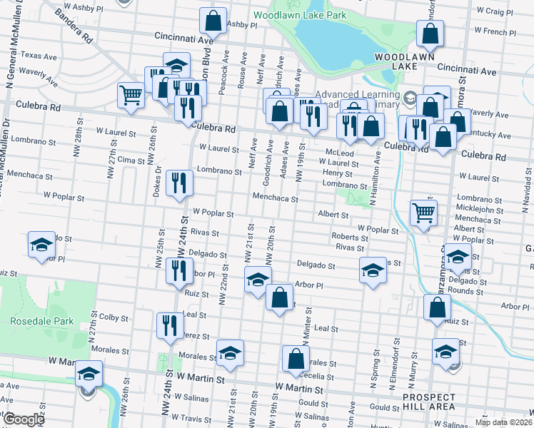 map of restaurants, bars, coffee shops, grocery stores, and more near 105 Goodrich in San Antonio