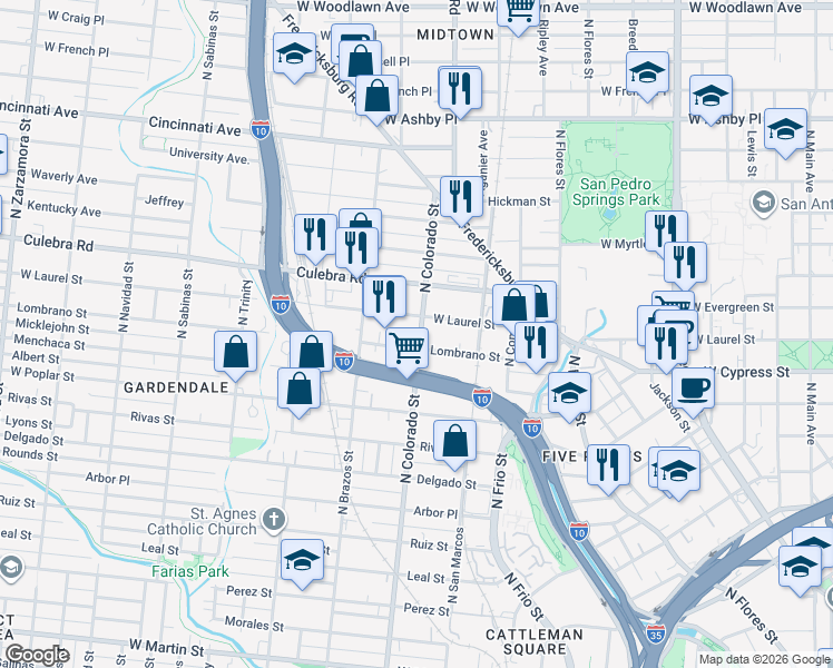 map of restaurants, bars, coffee shops, grocery stores, and more near 1509 North Colorado Street in San Antonio