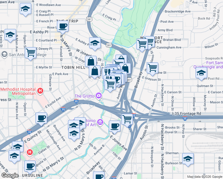 map of restaurants, bars, coffee shops, grocery stores, and more near 312 Pearl Parkway in San Antonio