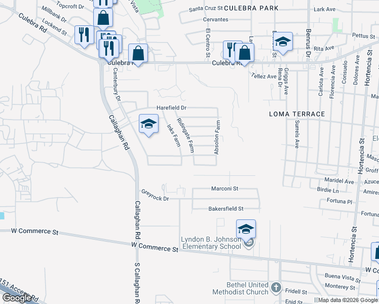 map of restaurants, bars, coffee shops, grocery stores, and more near 707 Ridingate Farm in San Antonio