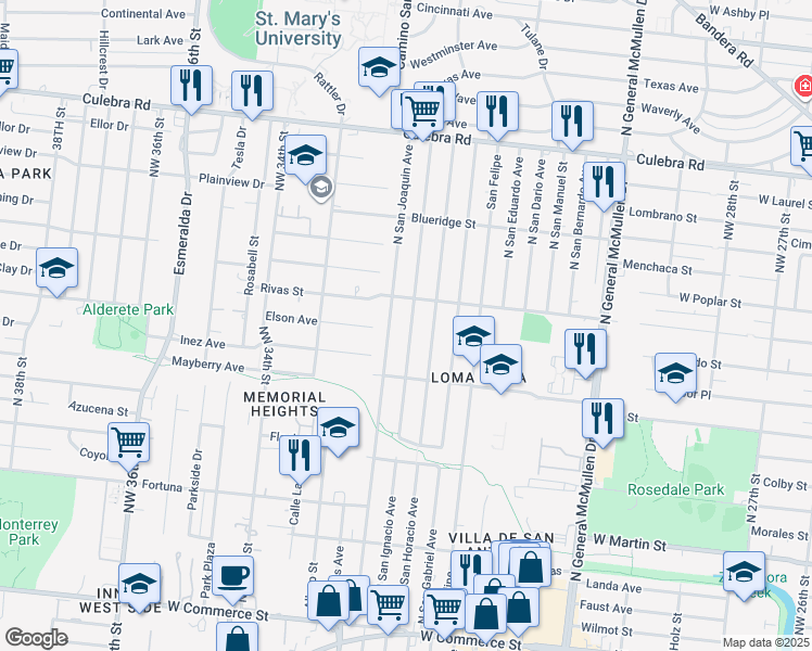 map of restaurants, bars, coffee shops, grocery stores, and more near 449 North San Ignacio Avenue in San Antonio